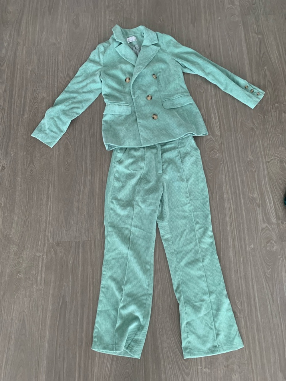 Tailored Mint Green Corduroy Double-Breasted Pantsuit - Women's